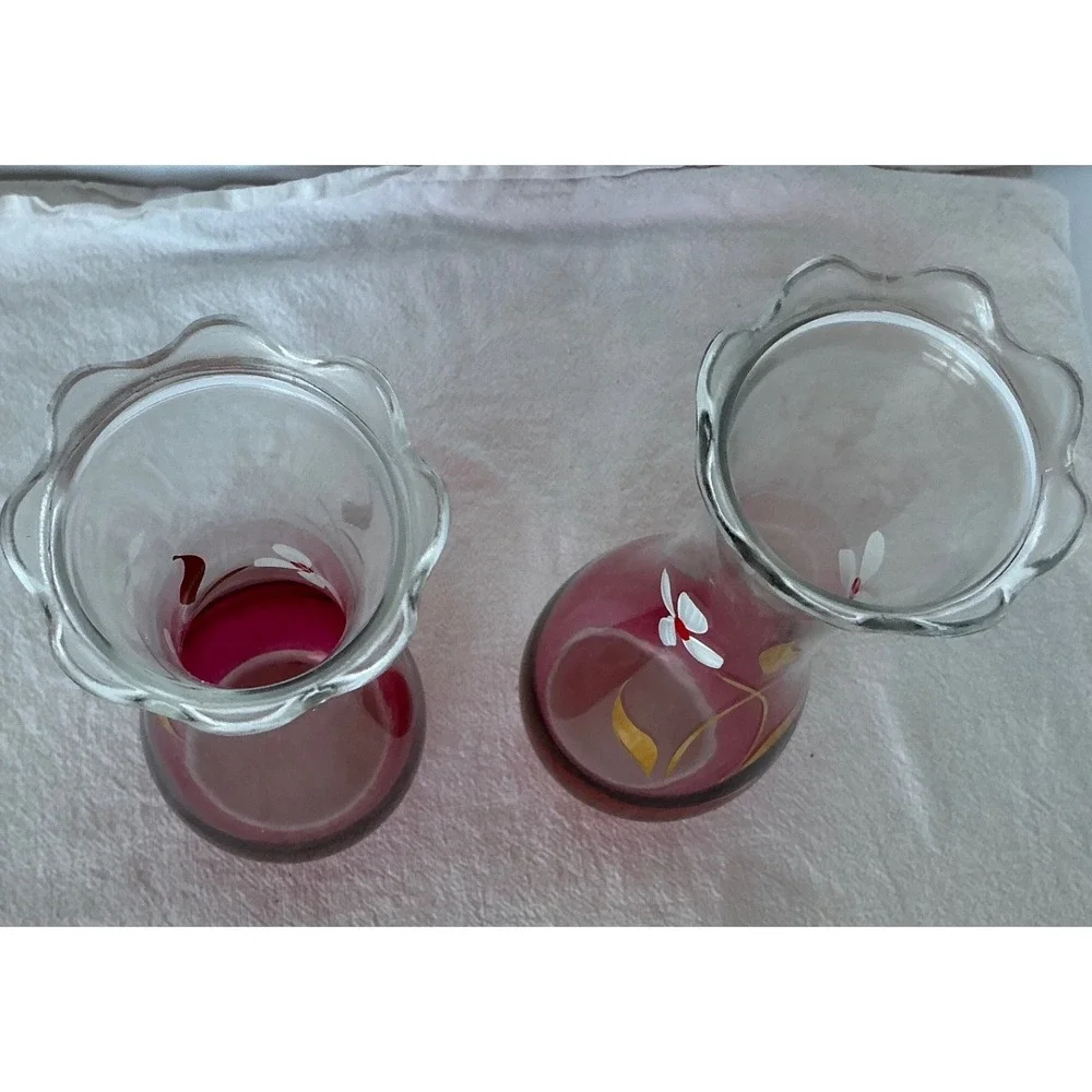 Bartlett Collins Vintage Glass Bud Vases Cranberry Red‎ Hand Painted Floral 8